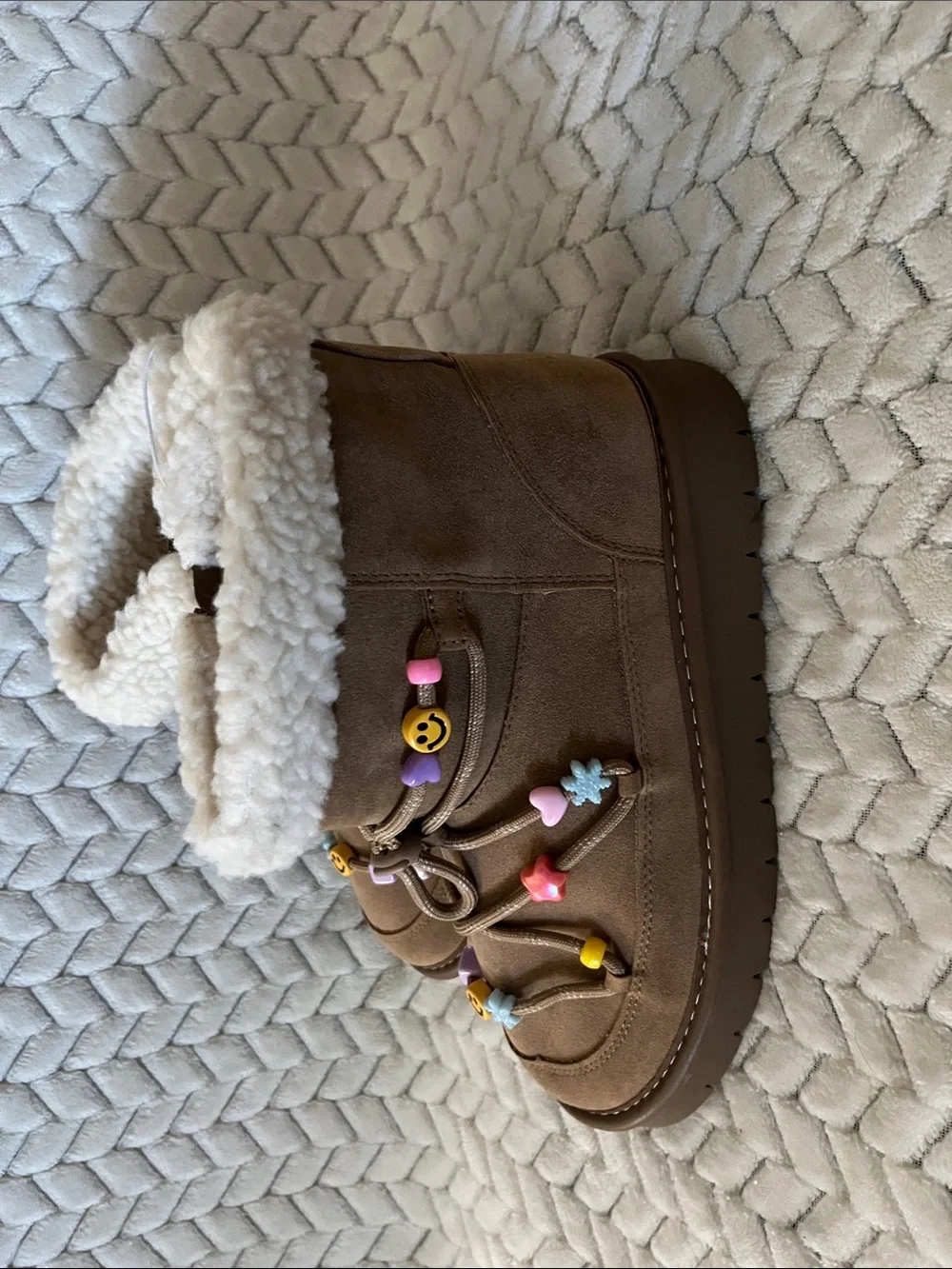 art class Brown Kids Boots with Cream Faux Shearling and Multicolor Bead Accents